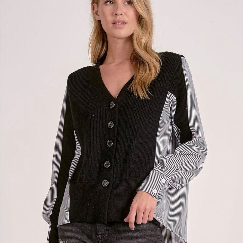 Elan Noelle Cardigan Shirt Medium Black White Layered Look New with Tags $108